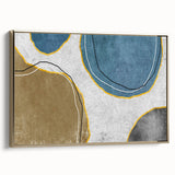 Framed canvas wall art featuring an abstract design of gold strokes and lines, showcasing a modern aesthetic with a sleek side view, ideal for contemporary decor.