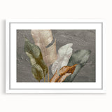 Abstract wall art featuring a modern design of colorful strokes and lines, framed in white with a mat, perfect for contemporary home decor.