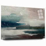 Acrylic glass wall art featuring an abstract design with vibrant strokes and lines, showcased from the side, highlighting its modern aesthetic and pin fixtures. Perfect for contemporary home decor.