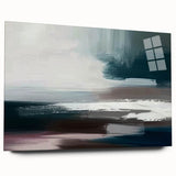 Abstract wall art featuring vibrant strokes and lines in shades of blue, orange, and yellow, displayed in a sleek acrylic glass frame, enhancing modern home decor.
