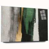 Acrylic glass wall art showcasing a modern abstract design featuring vibrant strokes and lines in shades of blue, yellow, and green, perfect for contemporary decor.
