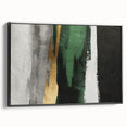 Framed canvas wall art featuring an abstract design of strokes and lines in monochrome colors, displayed from the side to showcase its sleek black frame, perfect for modern home decor.