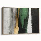 Framed canvas wall art showcasing an abstract design of gold strokes and lines, set against a neutral background, perfect for modern home decor.