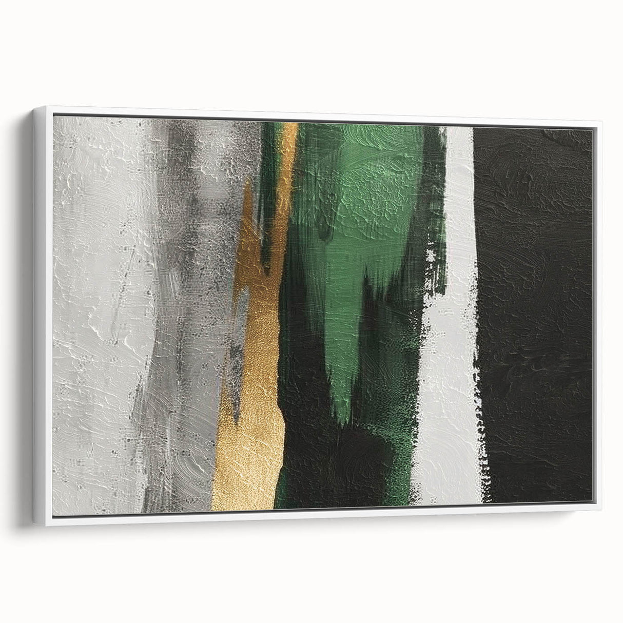 Framed wall art featuring an abstract design with strokes and lines in neutral tones, displayed from a side view against a white background, perfect for modern decor.