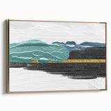 Framed wall art featuring an abstract design with gold strokes and lines, elegantly displayed from the side, perfect for modern home decor.
