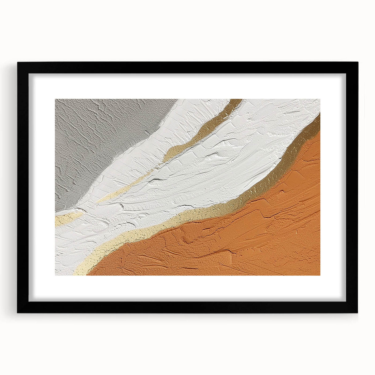 Abstract wall art featuring dynamic strokes and lines in a monochromatic palette, framed with a sleek black mat, ideal for modern home decor.