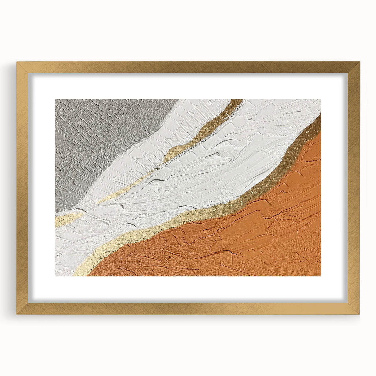 Abstract strokes and lines in a modern design framed in gold, showcasing a stylish wall art piece with a mat, perfect for contemporary home decor.