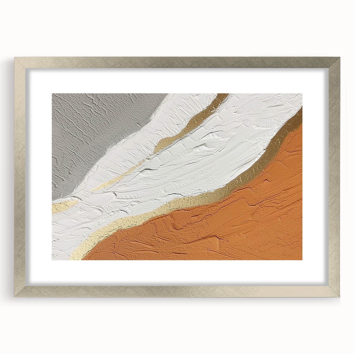 Abstract wall art featuring dynamic strokes and lines in a modern design, framed in silver with a mat, showcasing a stylish addition to contemporary decor.