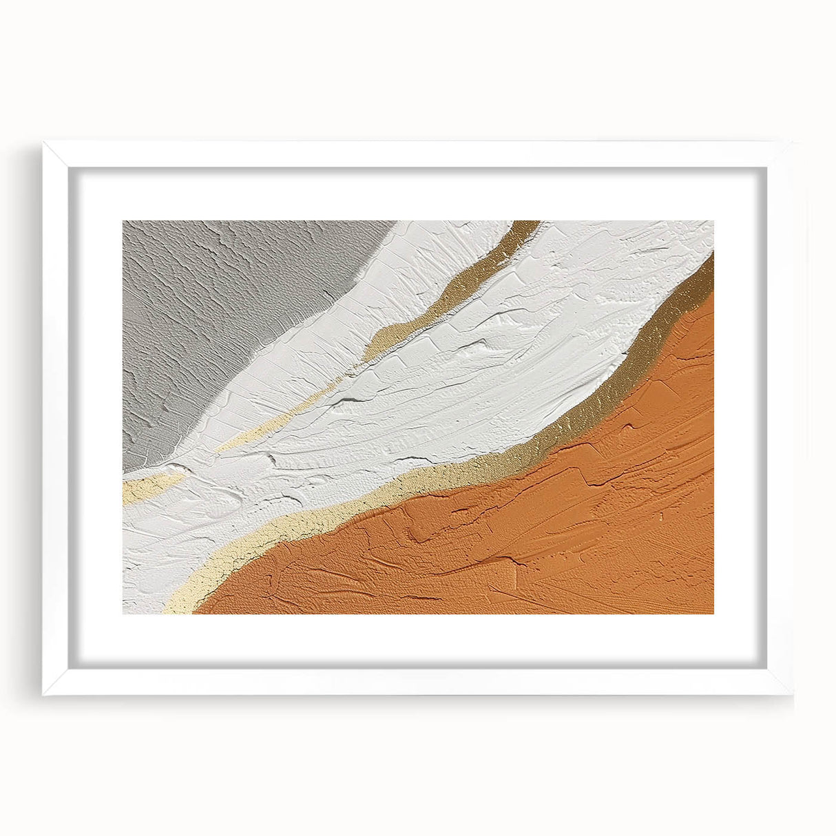 Abstract wall art featuring dynamic strokes and lines in muted pastel colors, framed with a white mat, perfect for modern home decor.
