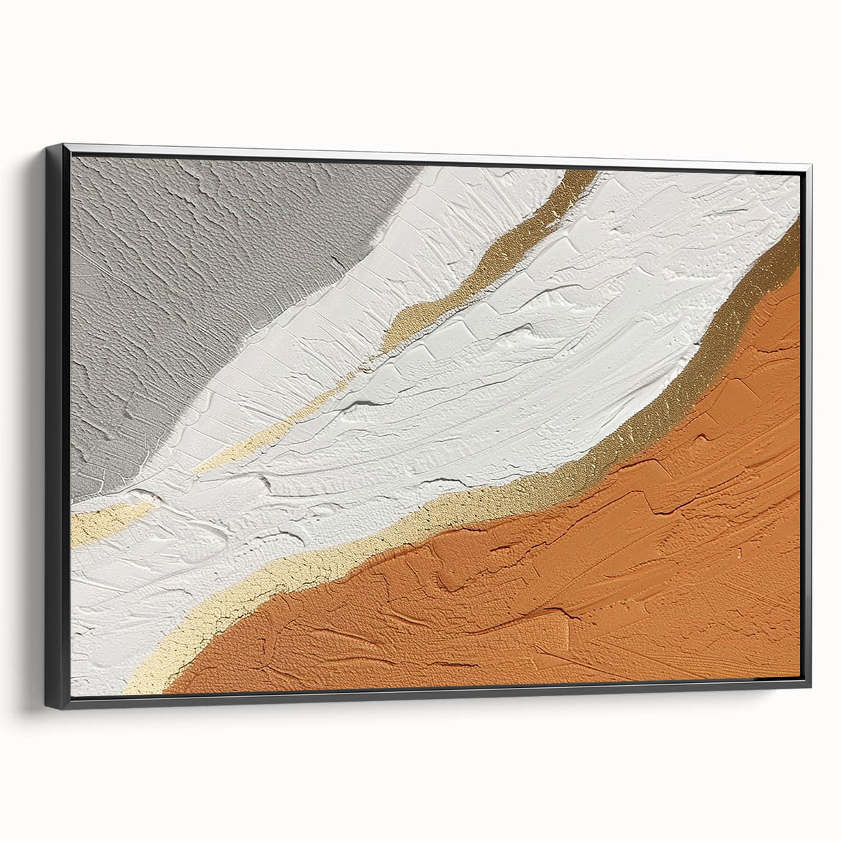 Framed abstract wall art showcasing striking black strokes and lines on a white canvas, designed to enhance modern home decor with a side view displaying its sleek profile.