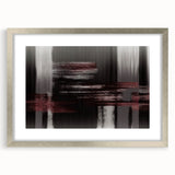 Abstract wall art featuring dynamic strokes and lines in muted tones, framed with a sleek silver mat, ideal for modern home decor or office aesthetics.