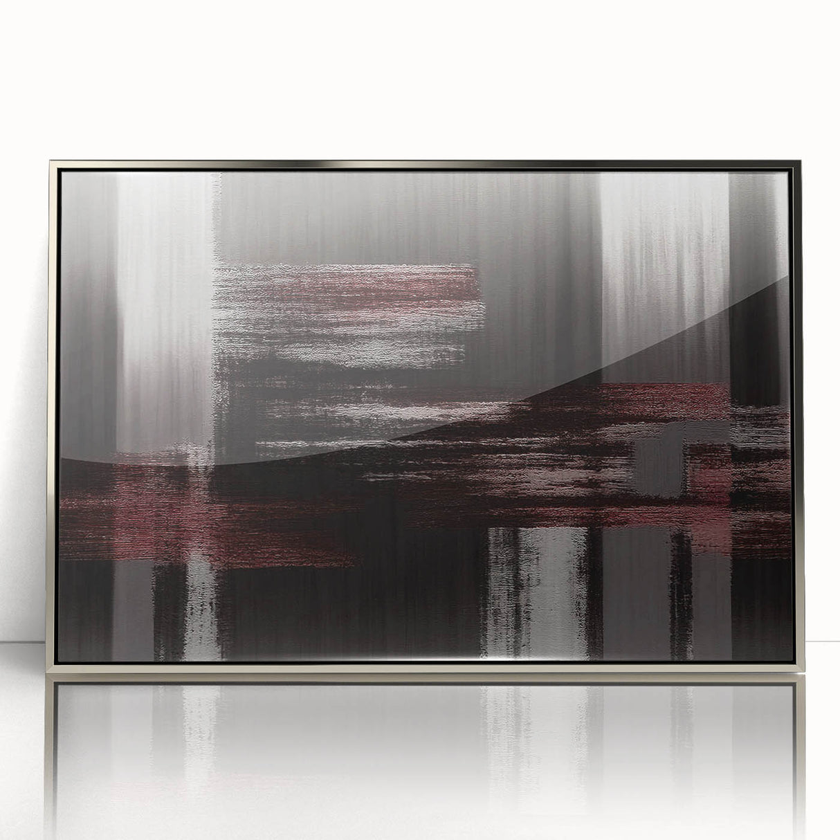 Framed wall art featuring an abstract design with silver strokes and lines, showcasing a modern aesthetic, perfect for contemporary home decor.