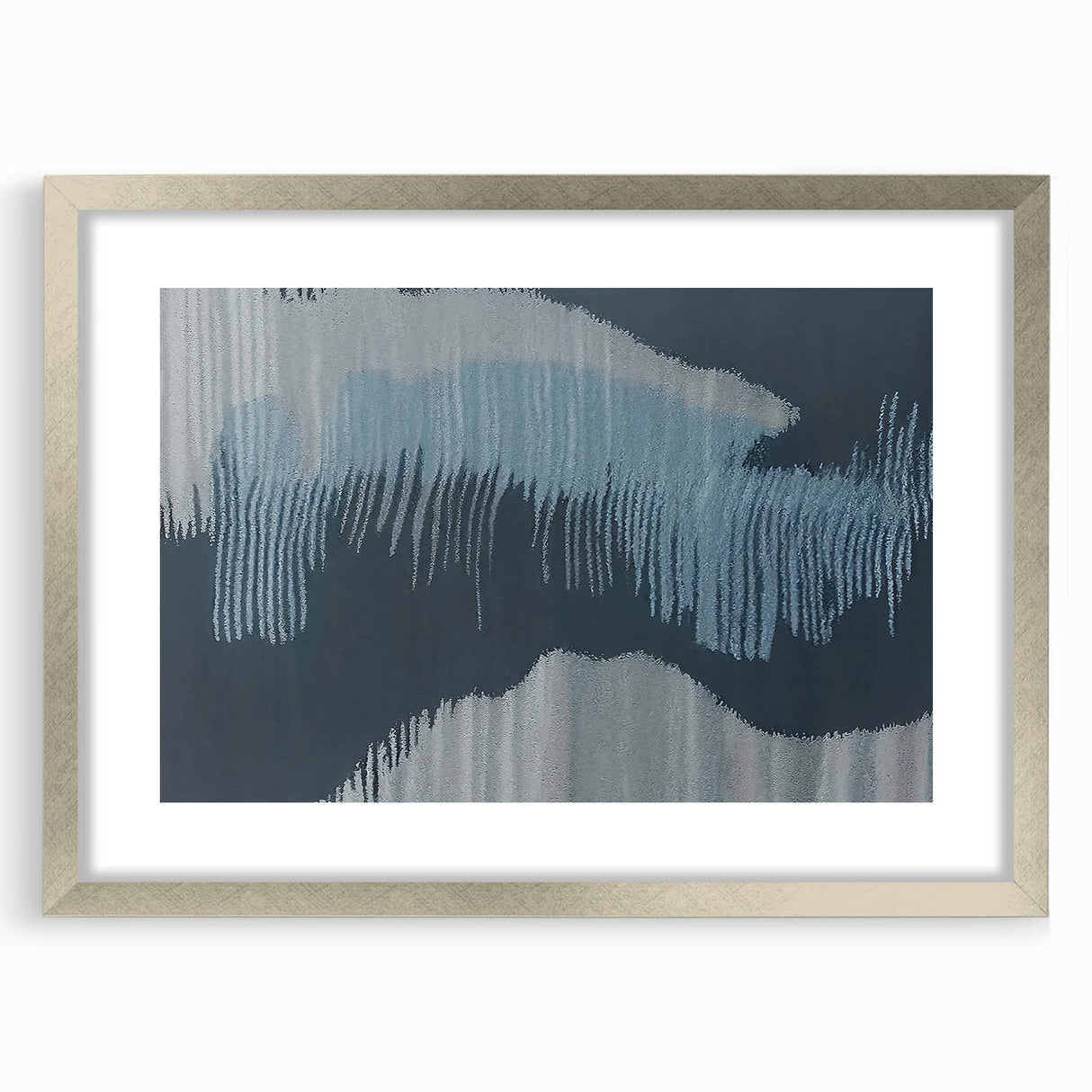 Abstract strokes and lines design in a silver-framed wall art piece, showcasing a modern artistic style with a sleek mat, perfect for contemporary decor.