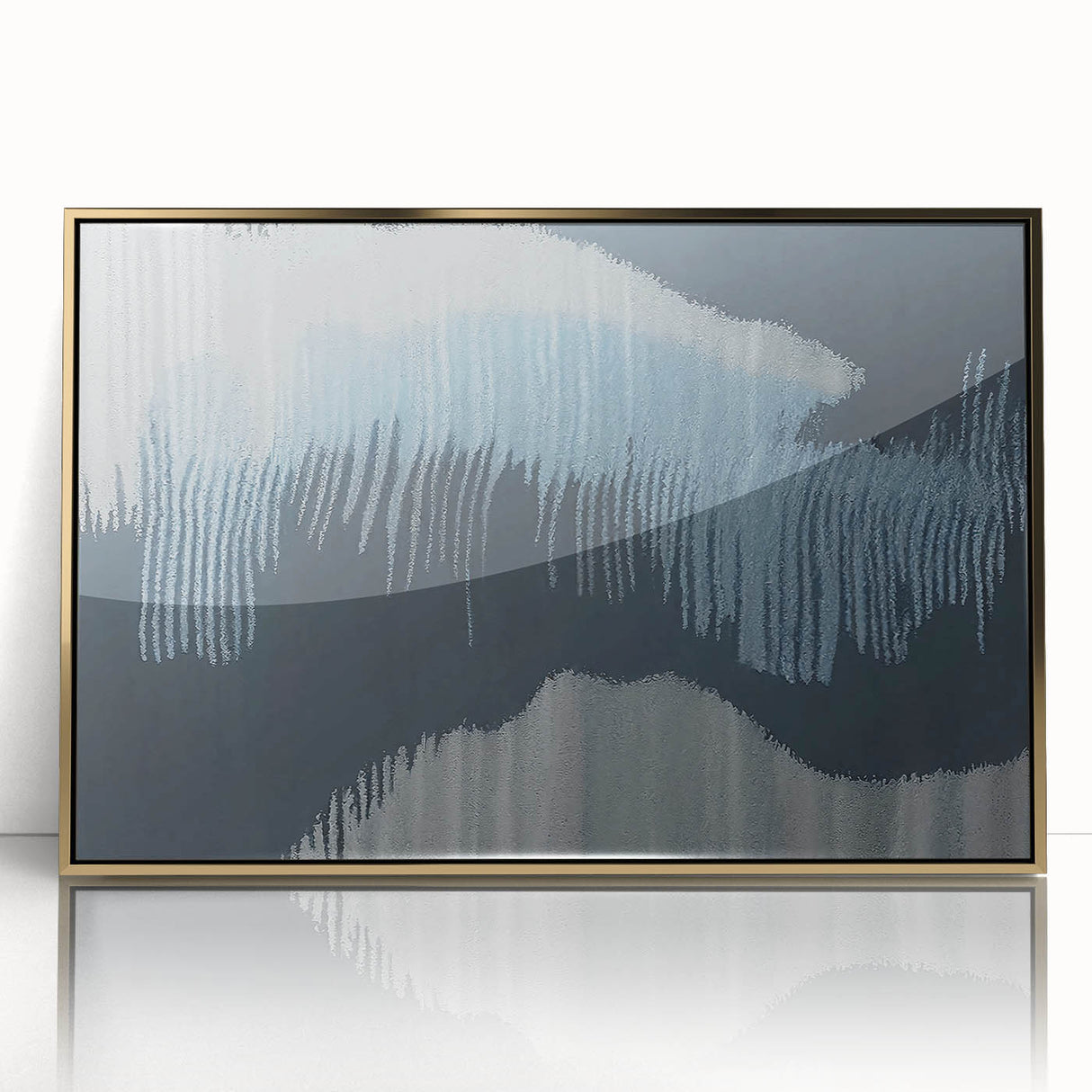 Framed acrylic wall art featuring an abstract design with strokes and lines in gold tones, perfect for modern home decor. Ideal for enhancing living spaces with a touch of elegance.