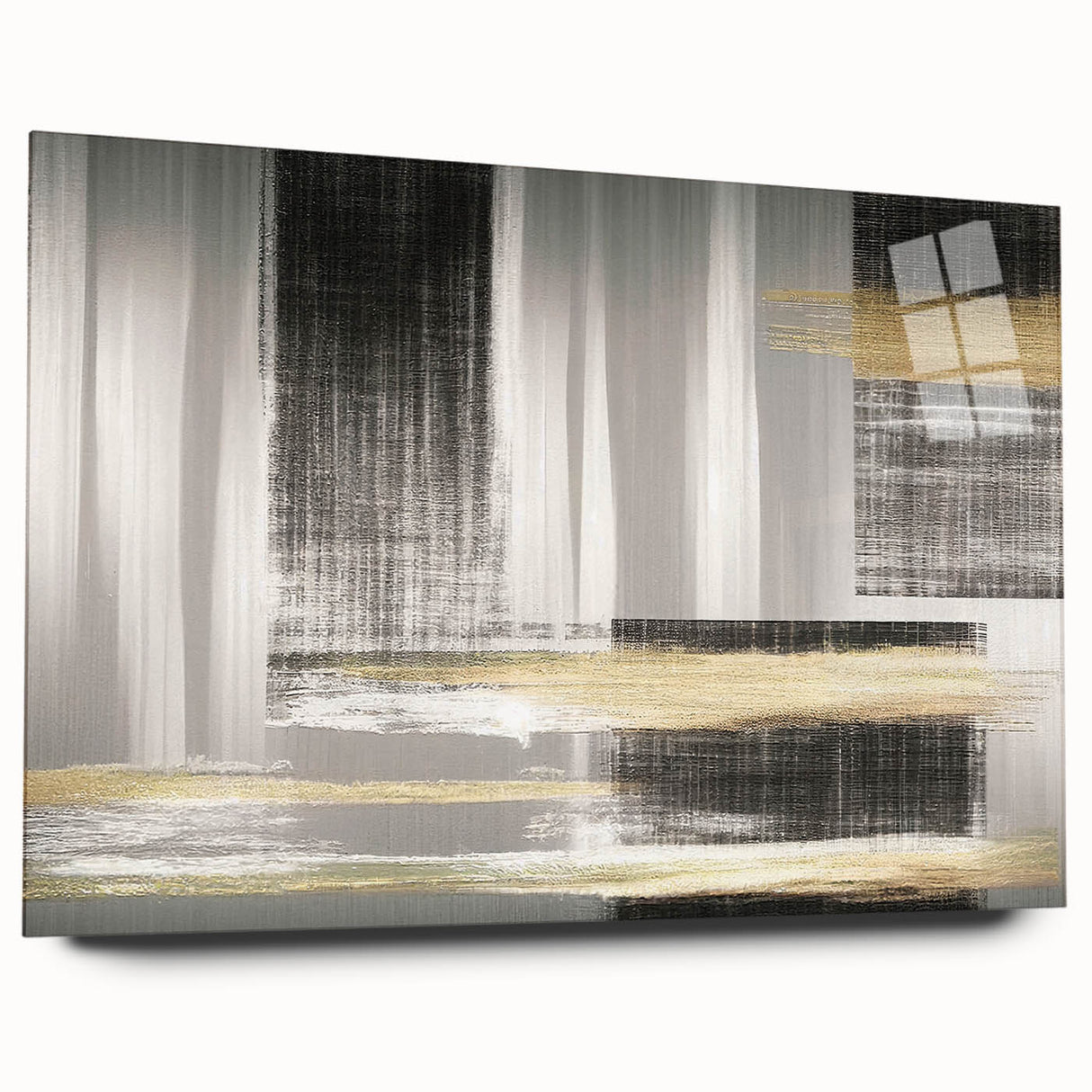 Abstract wall art piece showcasing a dynamic design of colorful strokes and lines on acrylic glass, presented in a side view without pins, ideal for modern decor.
