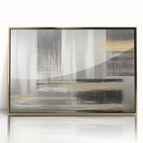 Framed abstract wall art featuring dynamic strokes and lines in gold and neutral tones, perfect for modern home decor. Ideal for adding elegance to living spaces.
