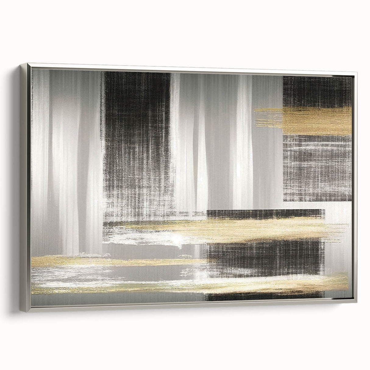 Framed wall art featuring an abstract design of strokes and lines in silver and gray tones, showcasing a modern aesthetic suitable for contemporary home decor.
