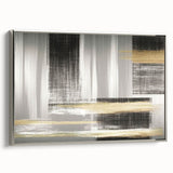 Framed wall art featuring an abstract design of strokes and lines in silver and gray tones, showcasing a modern aesthetic suitable for contemporary home decor.