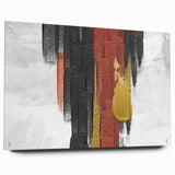 Abstract wall art design featuring vibrant strokes and lines in a modern acrylic glass frame, showcasing a side view with mounting pins for display. Ideal for contemporary home decor.