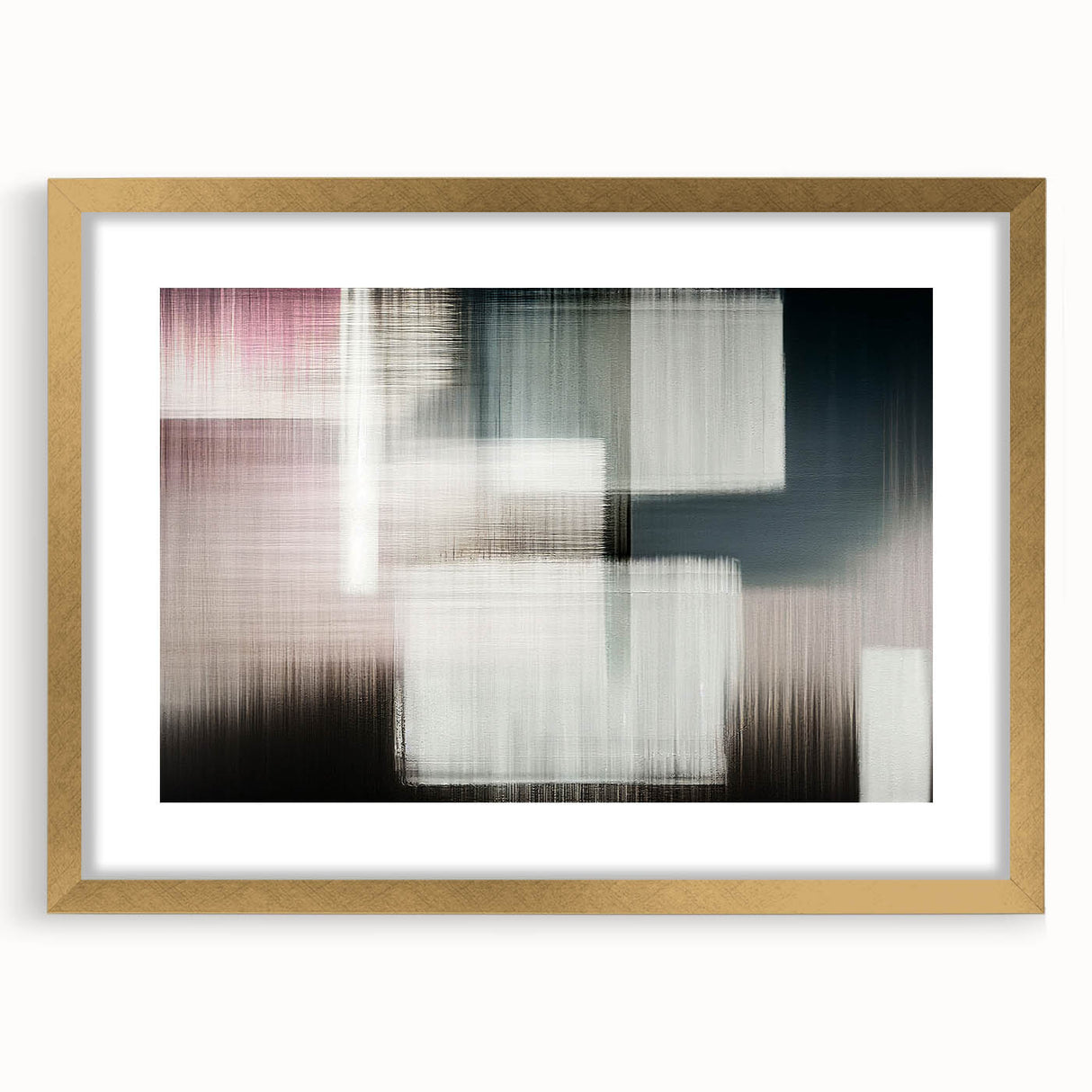 Abstract strokes and lines design in a gold-framed wall art piece, showcasing a modern aesthetic perfect for home decor. Ideal for adding elegance to living spaces.