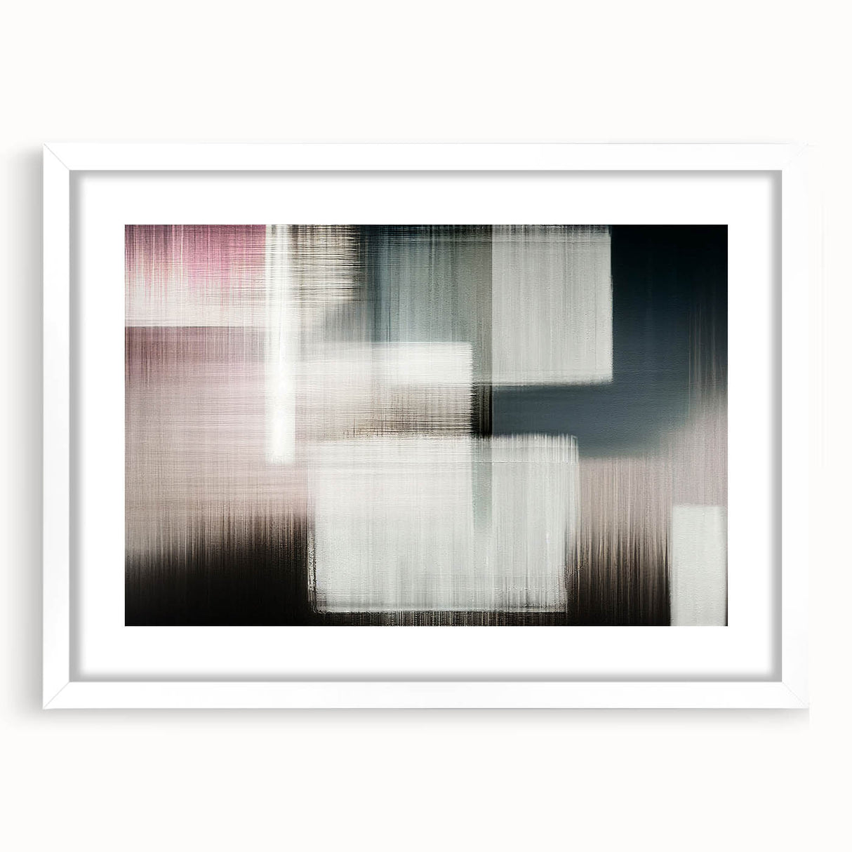 Abstract wall art design showcasing vibrant strokes and lines in a modern style, framed with a white mat, perfect for contemporary home decor.