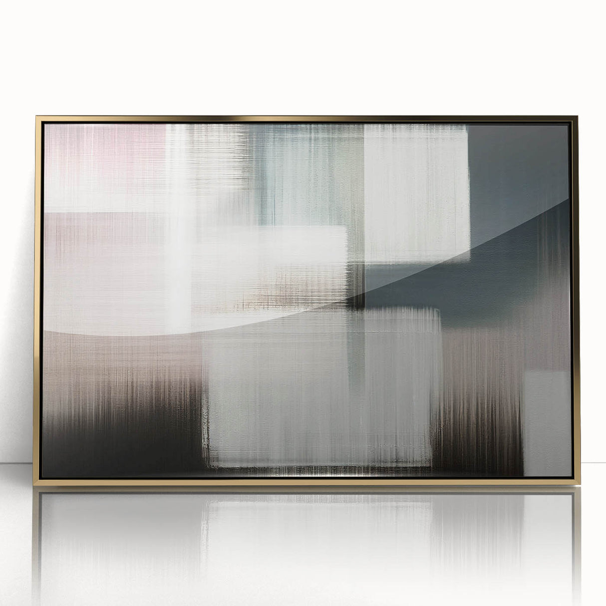 Framed abstract wall art featuring gold strokes and lines on a sleek acrylic surface, designed to enhance modern home decor with a touch of elegance.