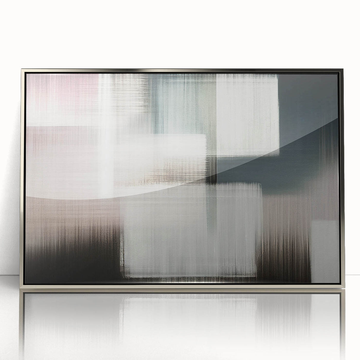 Framed wall art featuring an abstract design of strokes and lines in silver and blue tones, perfect for modern home decor. Ideal for adding a contemporary touch to living spaces.