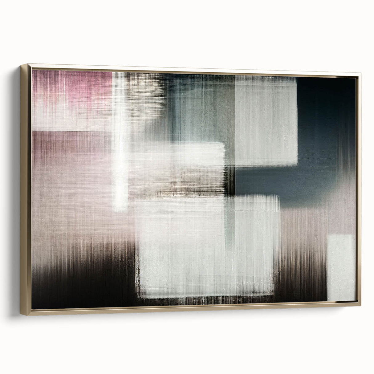 Framed canvas wall art showcasing an abstract design with golden strokes and lines, elegantly displayed from a side view, perfect for modern home decor.