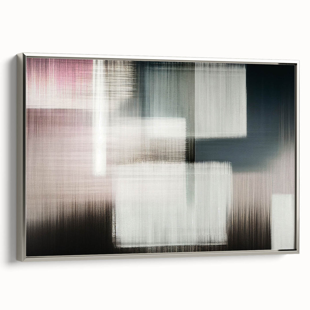 Framed canvas wall art showcasing an abstract design of colorful strokes and lines, featuring a sleek silver frame, perfect for modern home decor.