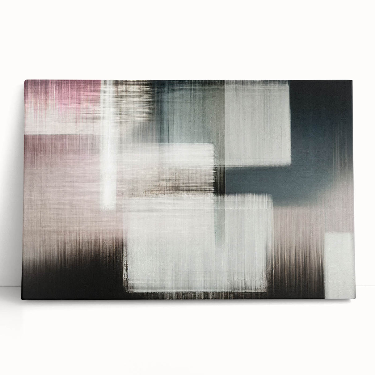 Abstract wall art featuring dynamic strokes and lines in vibrant colors, designed for a modern aesthetic, displayed on a leaning canvas against a neutral background.