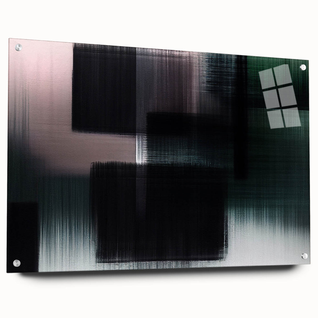 Abstract wall art featuring vibrant strokes and lines in bold colors, displayed in a sleek acrylic glass frame with visible mounting pins, ideal for modern decor.