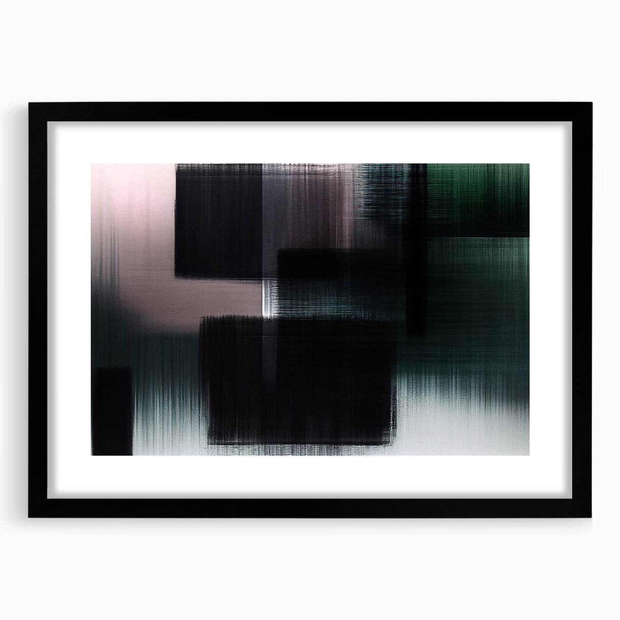 Abstract wall art featuring a dynamic design of multicolored strokes and lines in a black frame with a matte finish, perfect for modern home decor.