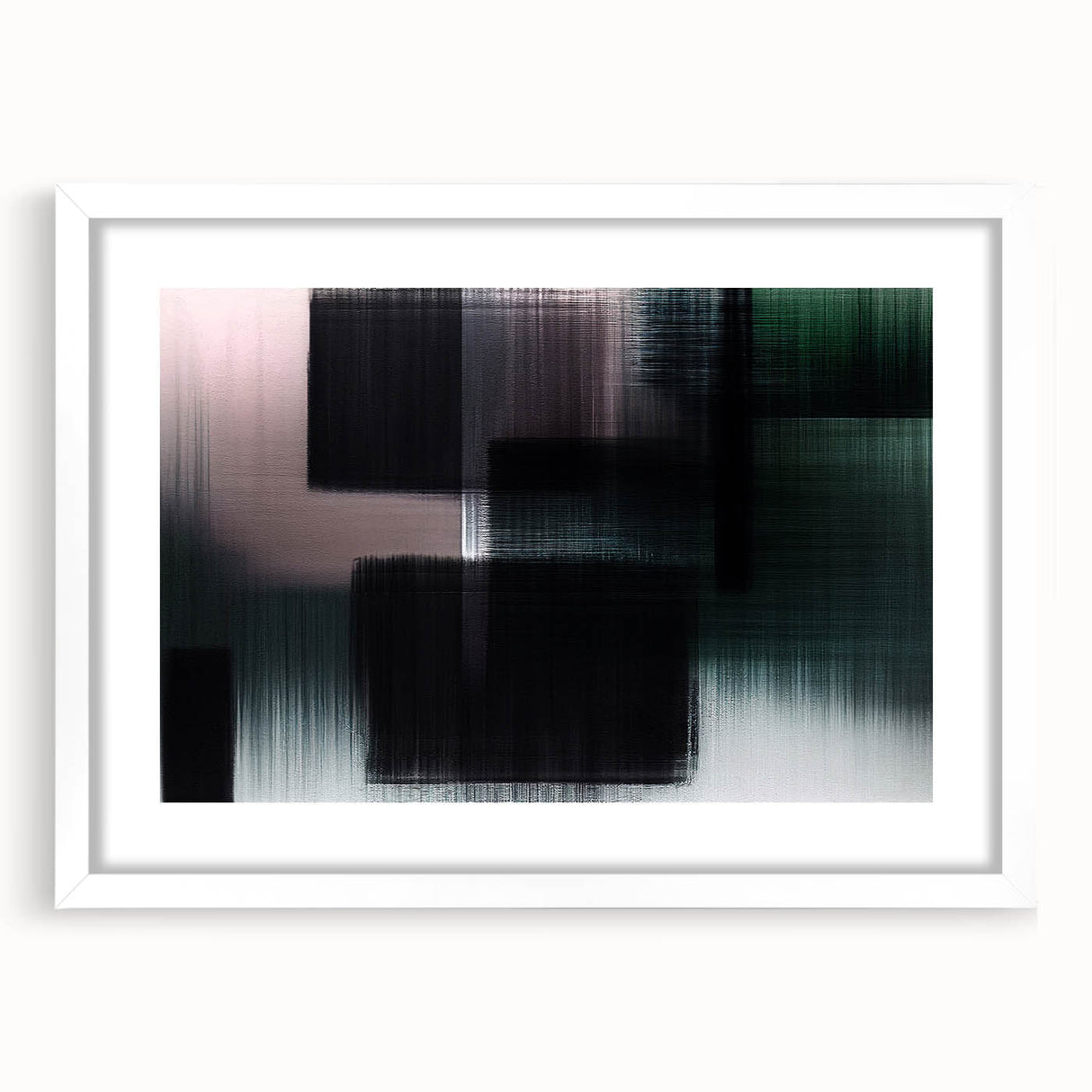 Abstract wall art featuring dynamic strokes and lines in a modern design. The framed piece showcases a white mat, enhancing its contemporary aesthetic and making it a stylish addition to any interior decor.