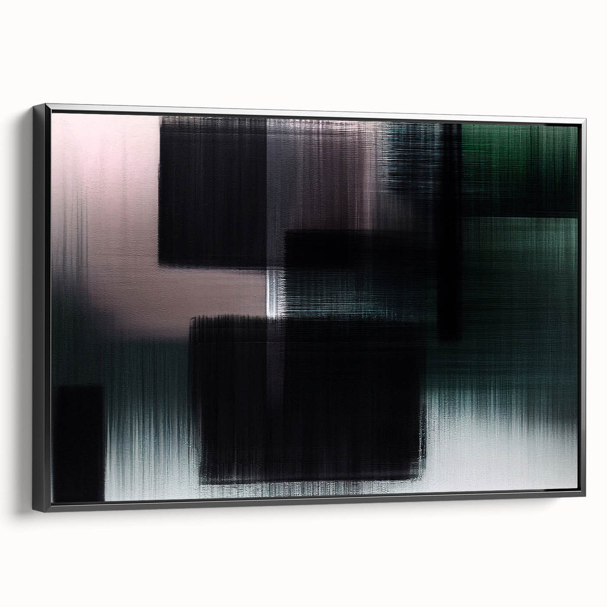 Framed canvas wall art featuring an abstract design with colorful strokes and lines, showcasing a modern aesthetic. View highlights the sleek black frame.
