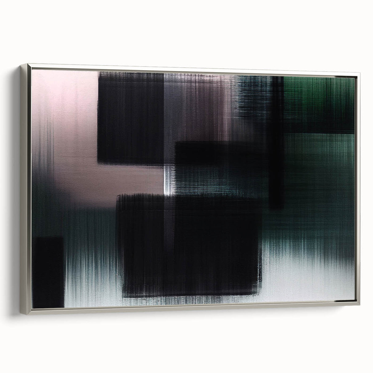 Framed canvas wall art showcasing an abstract design with elegant silver strokes and lines, adding a modern touch to home decor. Perfect for contemporary interiors.