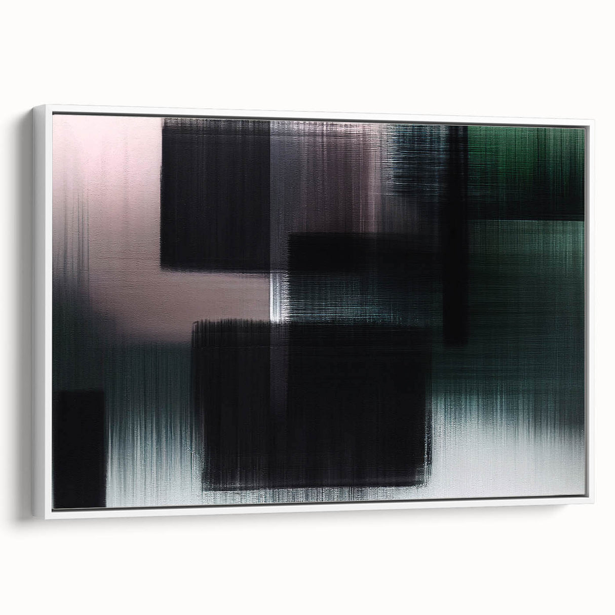Framed canvas wall art showcasing an abstract design of colorful strokes and lines, featuring a sleek white frame and side view for modern decor enhancement.