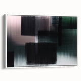 Framed canvas wall art showcasing an abstract design of colorful strokes and lines, featuring a sleek white frame and side view for modern decor enhancement.
