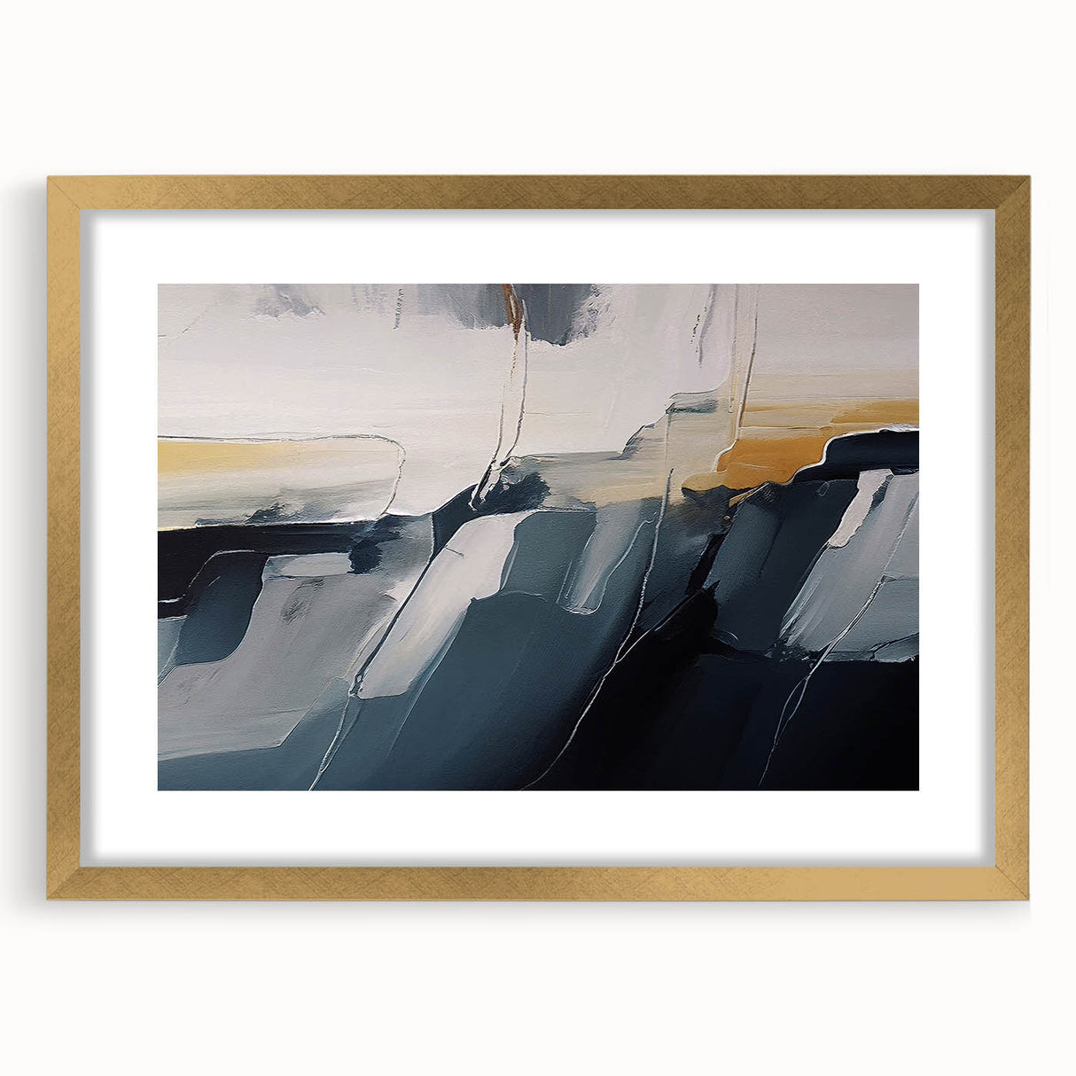 Abstract wall art featuring colorful strokes and lines in a modern design, framed with a gold border, ideal for contemporary home decor.