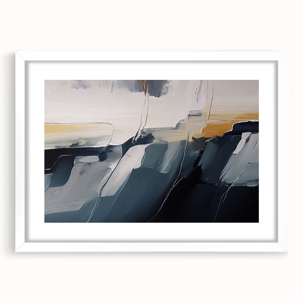 Abstract wall art featuring dynamic strokes and lines in muted tones of blue, green, and beige, framed with a white mat to enhance modern decor aesthetics.