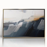 Framed acrylic wall art featuring an abstract design of gold strokes and lines, elegantly displayed against a minimalist background, perfect for modern decor.
