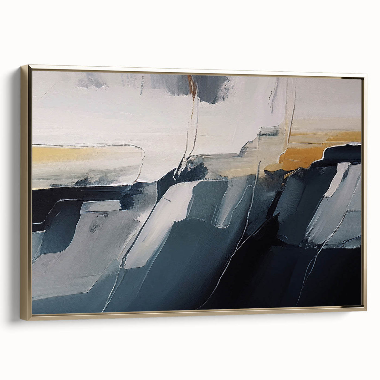 Framed wall art showcasing an abstract design with gold strokes and lines, elegantly displayed in a modern setting, perfect for contemporary home decor.