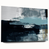 Abstract strokes and lines design wall art featuring vibrant colors and dynamic shapes, presented in a sleek acrylic glass frame for modern decor enhancement.