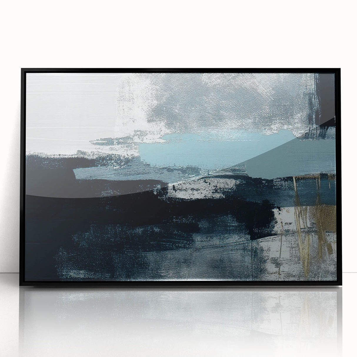 Framed acrylic wall art featuring an abstract design of colorful strokes and lines, set against a sleek black background, perfect for modern home decor.