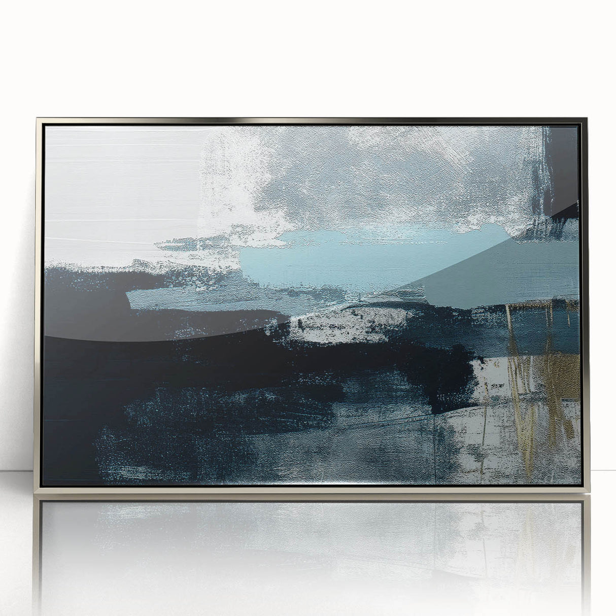 Framed acrylic wall art featuring an abstract design of colorful strokes and lines in silver tones, perfect for modern home decor, enhancing any room's aesthetic.