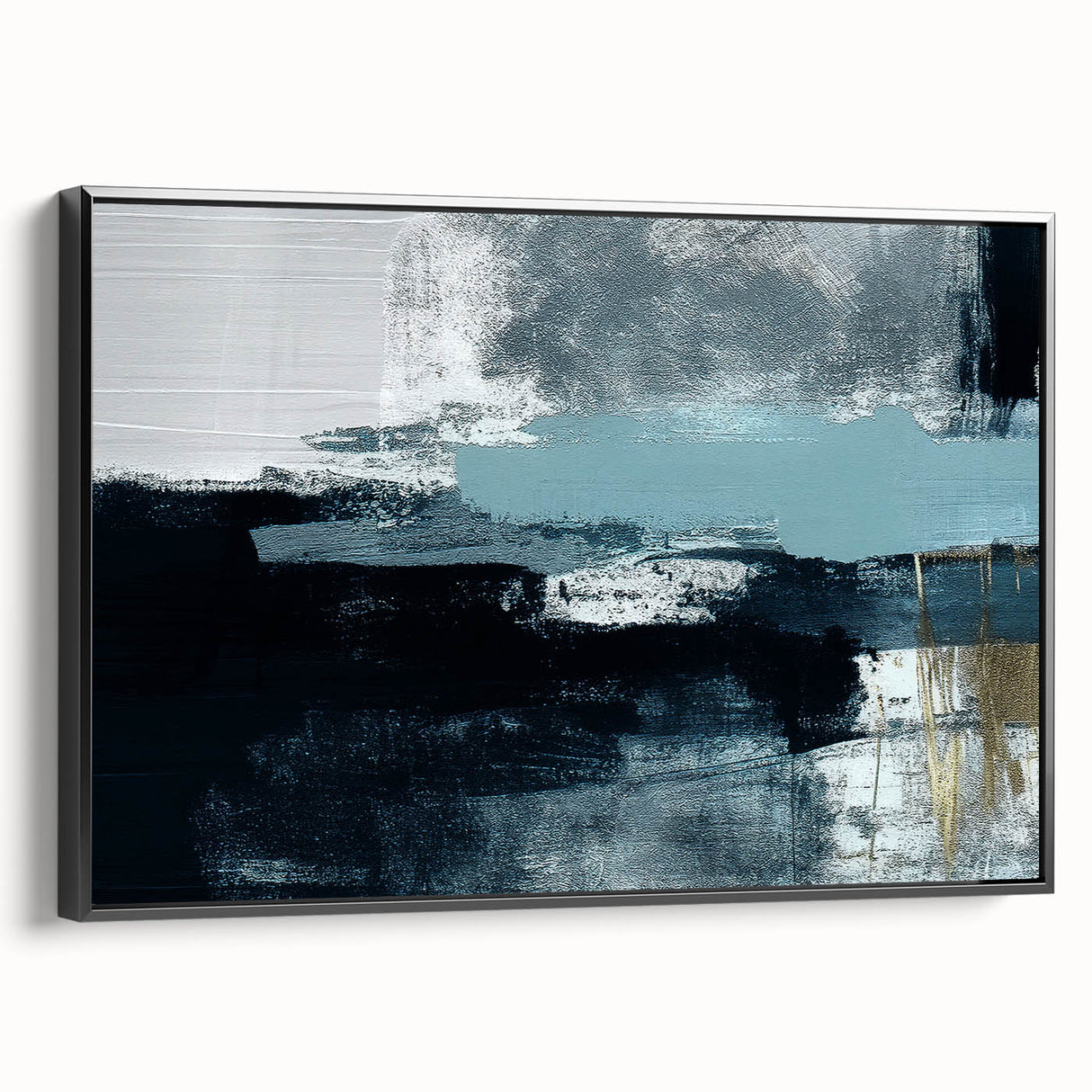 Framed canvas wall art showcasing a modern abstract design of strokes and lines in black, offering a stylish side view, perfect for contemporary decor.