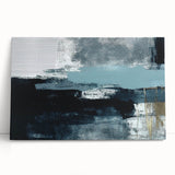 Abstract wall art featuring vibrant strokes and lines in shades of blue, orange, and gold, designed as a stretched canvas piece leaning against a neutral wall, perfect for modern home decor.