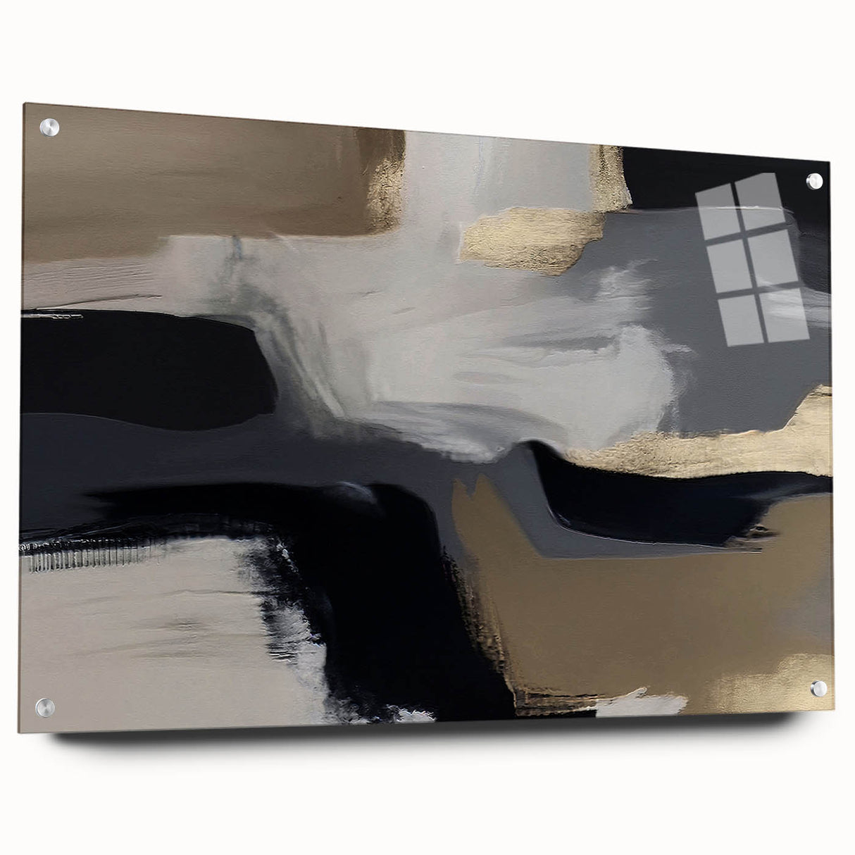 Abstract wall art featuring dynamic strokes and lines in vibrant hues of blue, yellow, and red, displayed in a sleek acrylic frame with mounting pins. This contemporary design enhances modern interiors, perfect for art enthusiasts seeking unique decor.