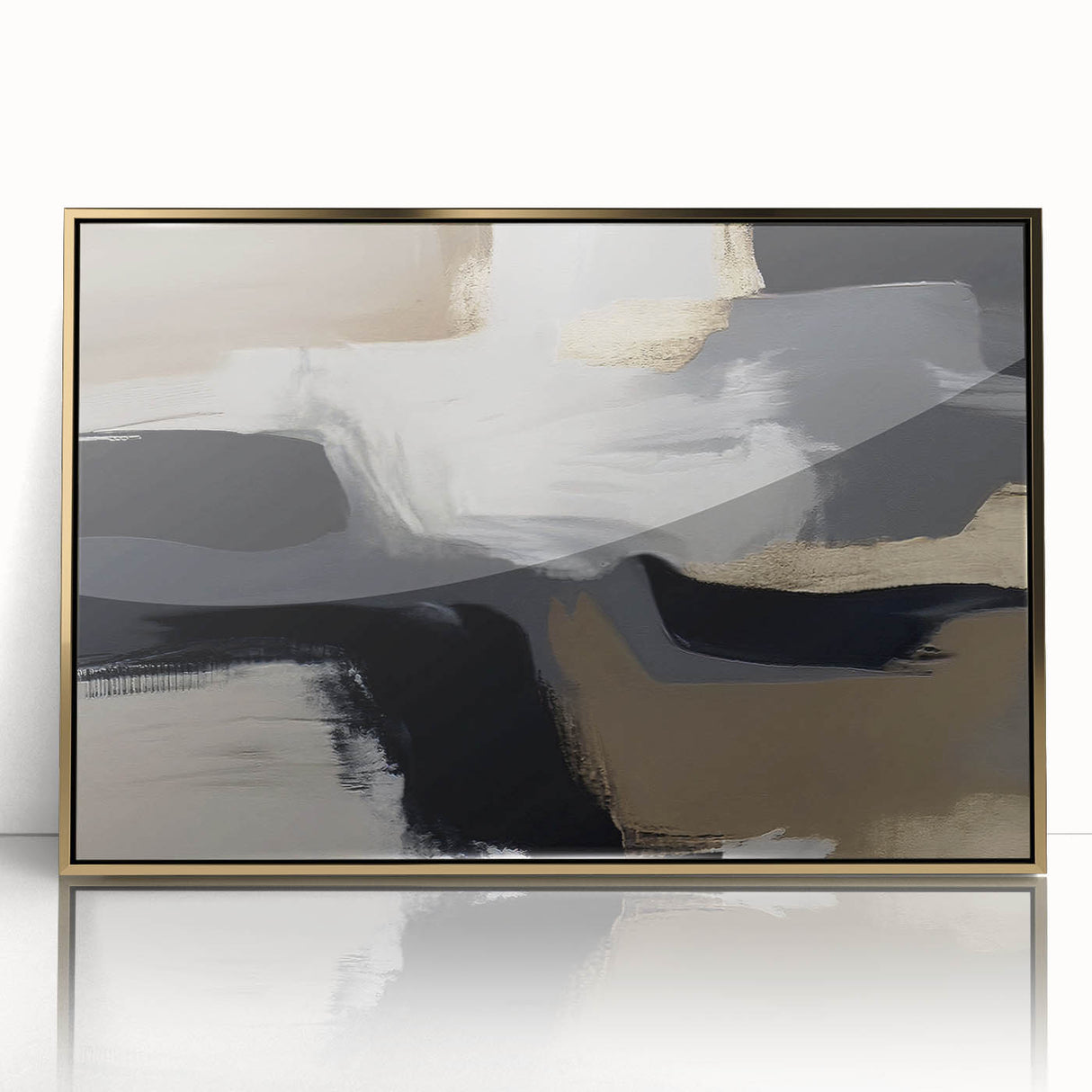 Framed wall art featuring an abstract design with gold strokes and lines, set against a sleek acrylic background, perfect for modern decor.
