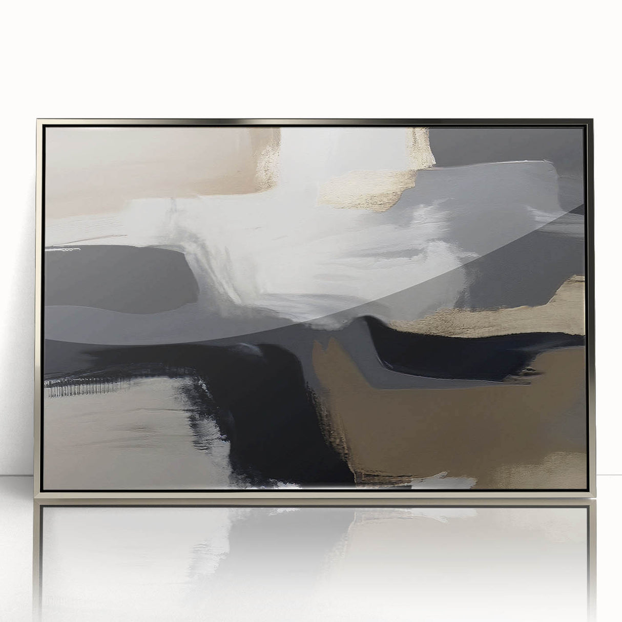 Framed acrylic wall art featuring a contemporary abstract design with strokes and lines in silver and grey tones, perfect for modern home decor.