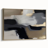 Framed canvas artwork showcasing an abstract design with gold strokes and lines, elegantly presented from a side view, perfect for modern home decor.